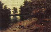  A wooded landscape with a boar hunt